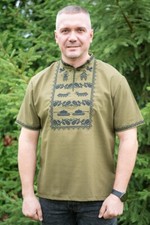 Men's embroidered shirt, Vyshyvanka khaki, Linen Ukrainian embroidery, all sizes