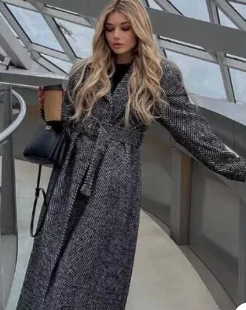 ZARA HERRINGBONE COAT WITH BELT ECRU BLACK NEW FW24 SIZES XS ZARA HERRINGBONE COAT WITH BELT ECRU BLACK NEW FW24 SIZES XS