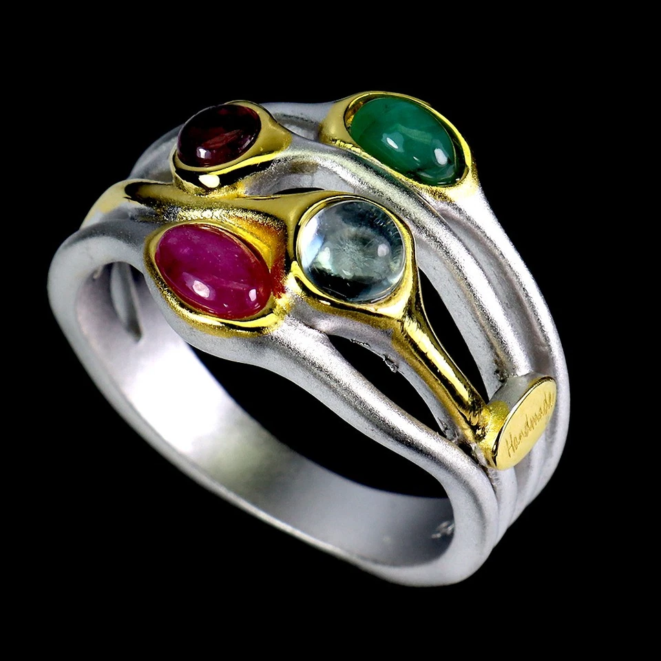 925 Anello Argento Sterling Ovale Smeraldo Topazio Rubino Fatto Gemma Gioielli - Immagine 2 di 4