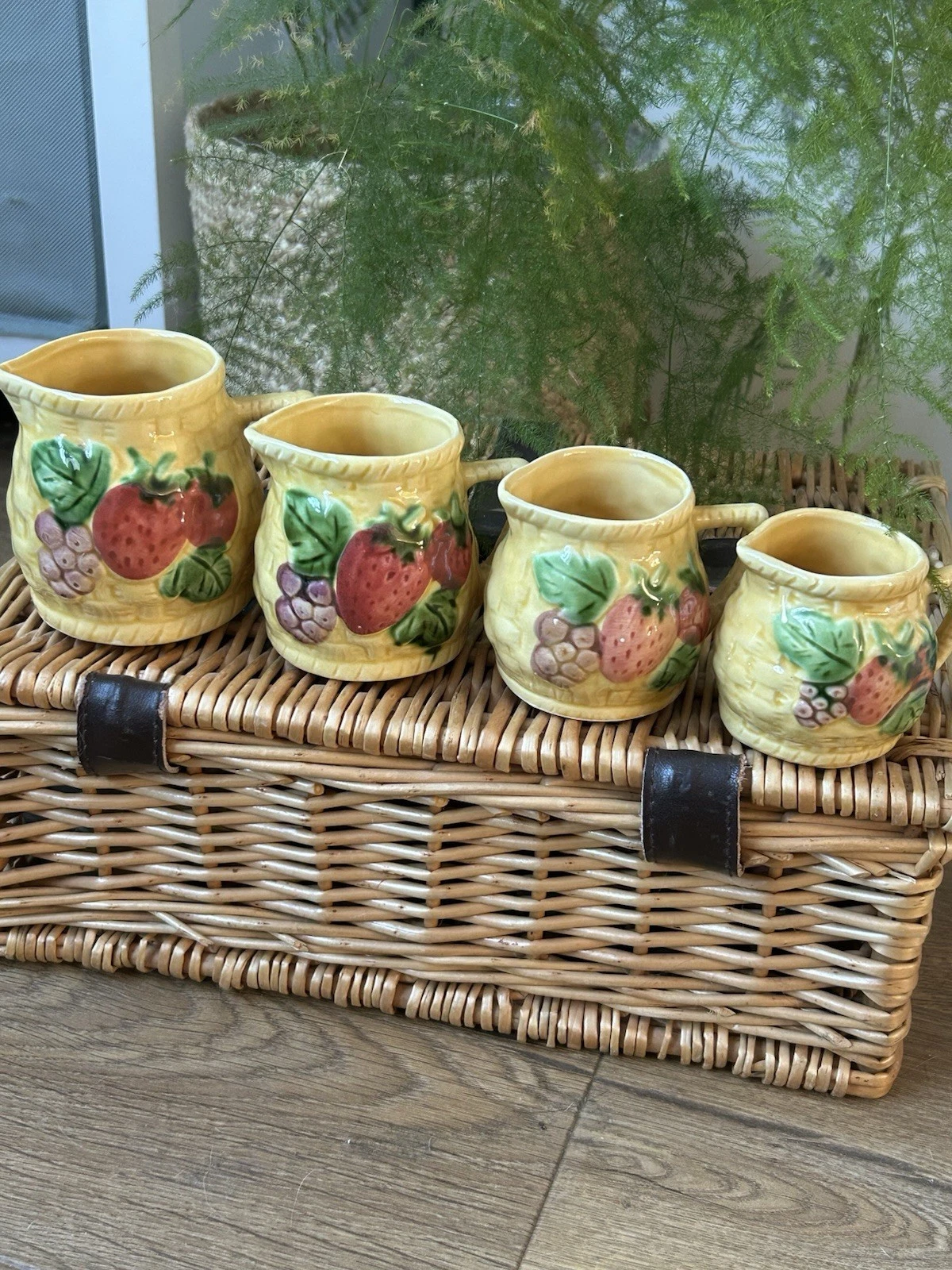 Vintage Strawberry Fruit Patterned Ceramic Measuring Cups Small Jugs Basket 1950