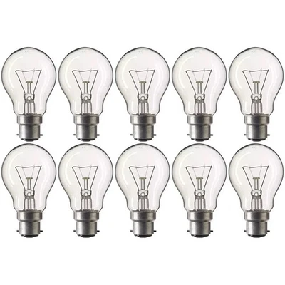 60w Light Bulbs Incandescent GLS Bayonet B22 BC Old Style Clear Light Bulbs x 10