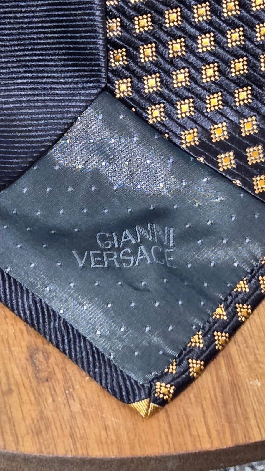 Gianni Versace Vintage Silk Tie Black Gold Medusa Head Geometric Checkerboard image 4