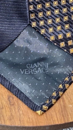 Gianni Versace Vintage Silk Tie Black Gold Medusa Head Geometric Checkerboard image 4