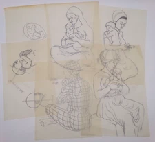 Vintage Original Art Mother and Baby and Various Scene on tracing paper