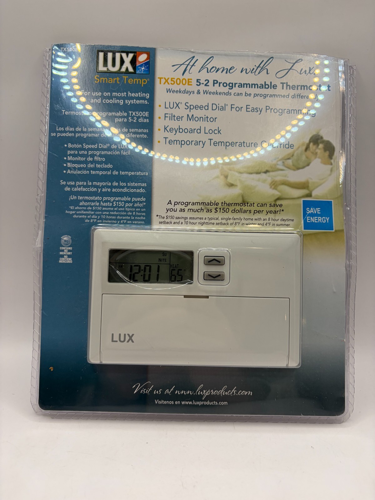 LUX Smart Temp TX-500 5-2 Programmable Thermostat Digital White Wall Mount