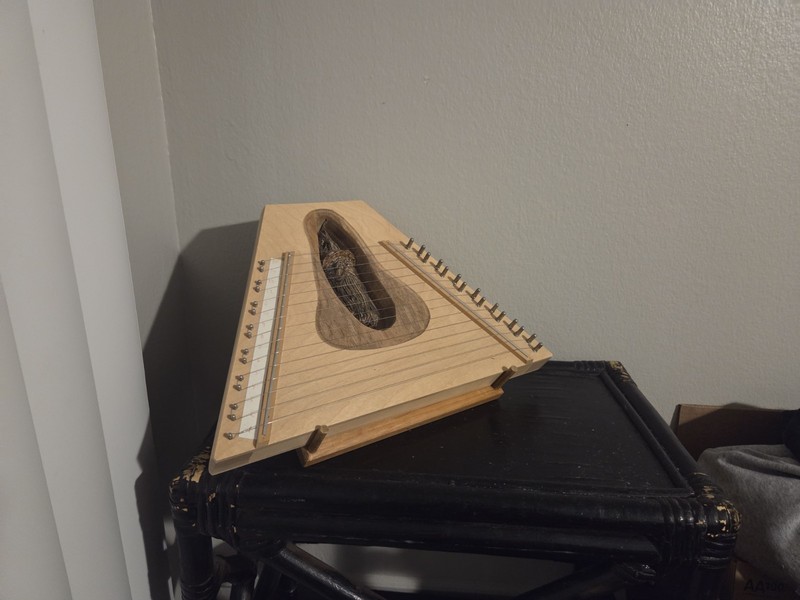 Hand Carved 15 string Zither/Lap Harp with Labled Strings  and stand.