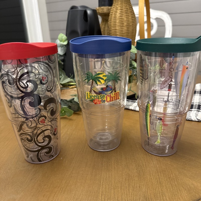 Lot of 3 TERVIS Insulated Tumbler Cups USA 24oz fish lures, palm trees, paisley