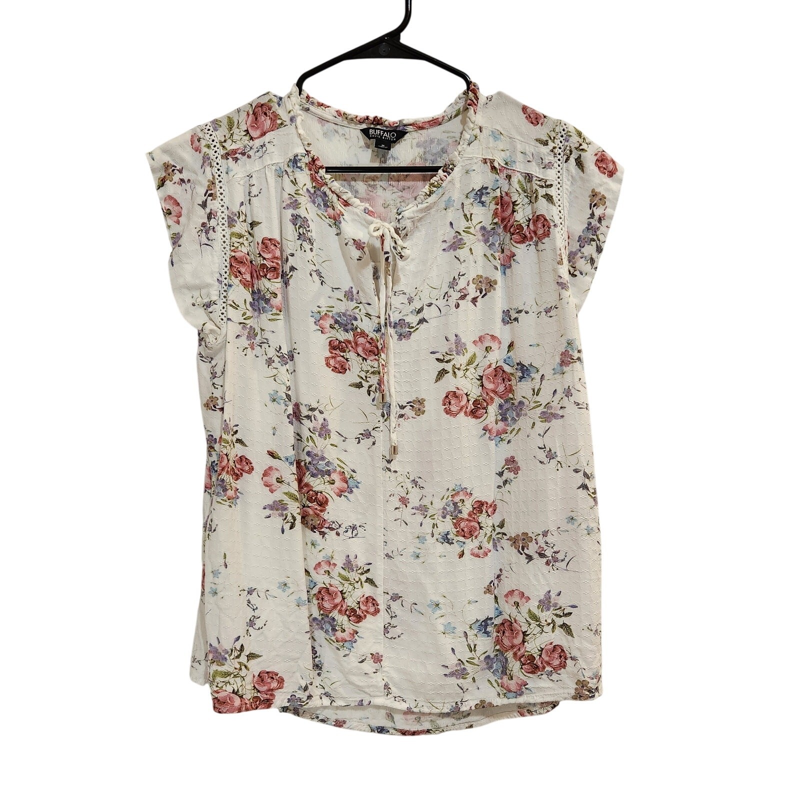 Buffalo David Bitton White Floral Flutter Sleeve Tie Neck Blouse Boho Top Medium
