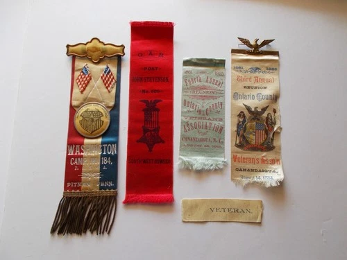 CIVIL WAR VETERANS RIBBONS - GAR, POSTS,  ETC. 1884, 1885, ETC. LOT OF 5 RIBBONS