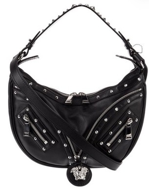 Versace Black Leather Studded Hobo Shoulder Crossbody Bag Black Silver