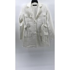 LIONESS Women's White Button-Up Long Sleeve Notch Collar Belted Mini Blazer SZ M