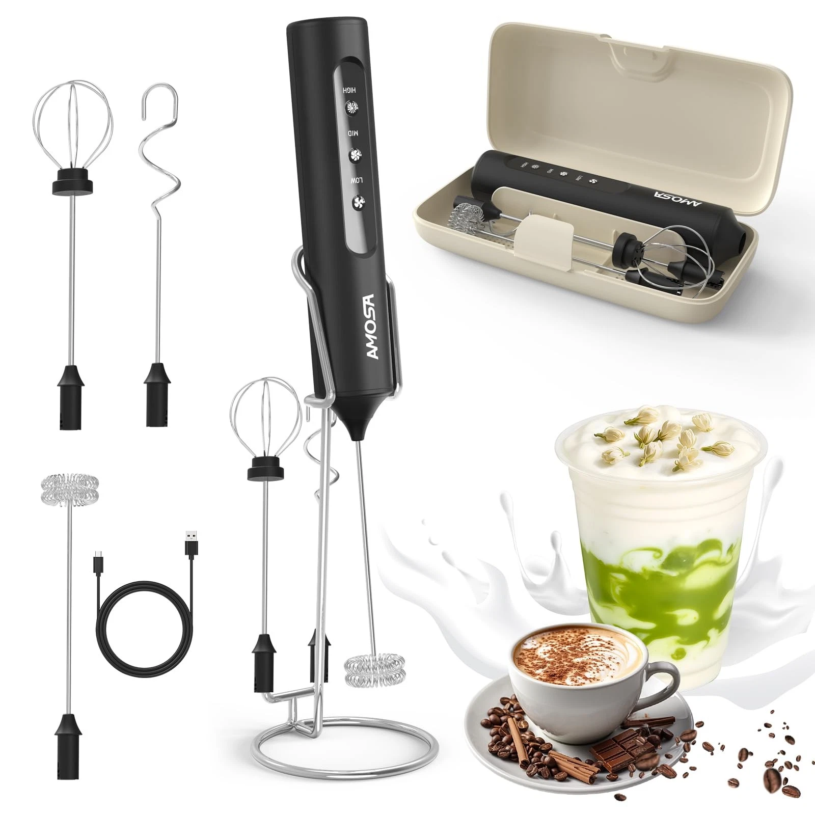 Milk Frother Handheld with Stand, Rechargeable Frother with 3 Speeds & 3 Head...