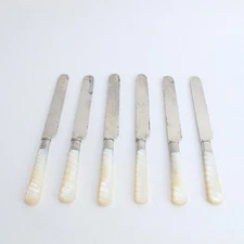 Meriden Cutlery Co Set of 6 Spiral Fluted Mother of Pearl Knives w/ Silver Bands
