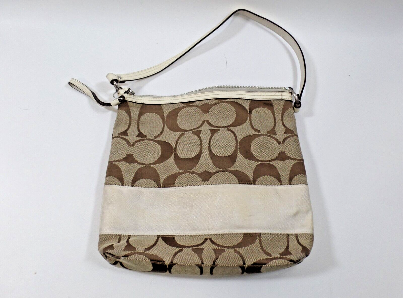 Coach Signature C Purse Bag Tote, Tan Brown Cream, Stripe,