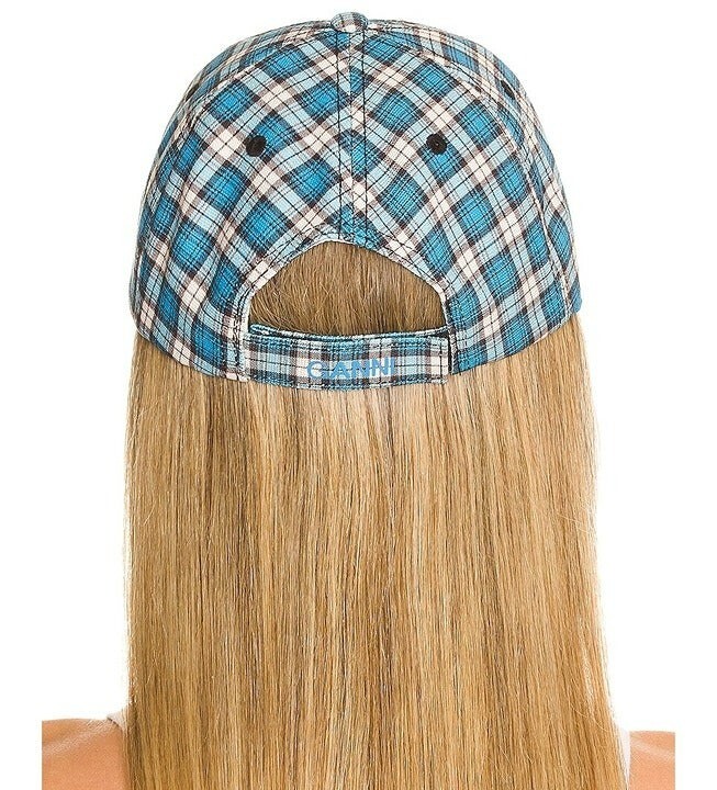 Ganni Unisex Cotton Canvas Baseball Cap Check Azure Blue (MSRP $95) Ganni Unixsex Cotton Canvas Baseball Cap Check Azure Blue  main image 3