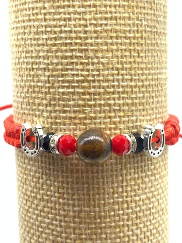 Bracelet Red Macrame Cord Tiger Eye Beads Horseshoe Charms 6.5in-12in pack x12 - Picture 7 of 11