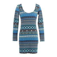 Forever 21 Dress Sz S Navy Blue Multi Bodycon Double Scoop Poly Spandex Dress