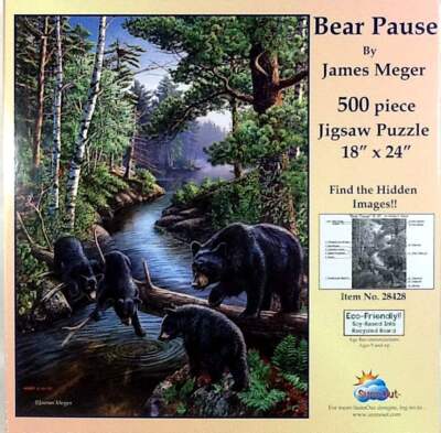 Black Bear Family At The Creek In The Forest James Meger 500 pc 18X24 Puzzle