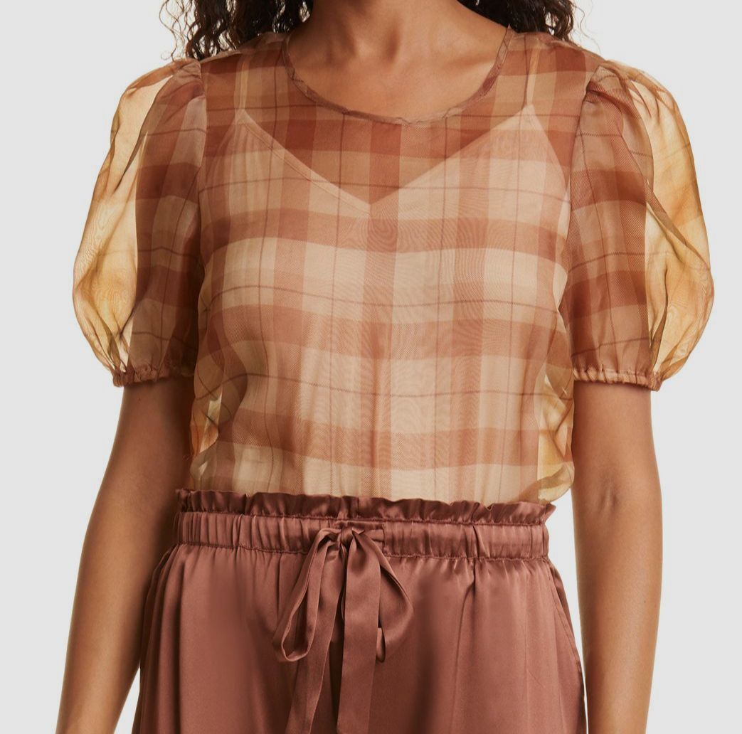 $258 Cami NYC Women's Beige Bethany Puff Sleeve Mesh Plaid Bodysuit Size Medium