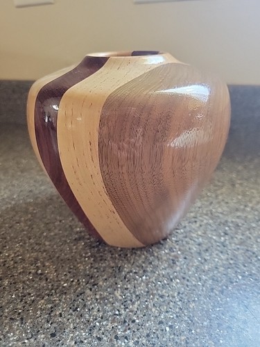 VINTAGE ~ Handgefertigt Holz segmentierte Vase Schüssel Inlay Kirsche Nussbaum Asche 5,5 Zoll x 5,5 Zoll - Bild 4 von 7