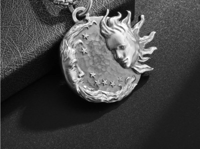 Large CELESTIAL SUN MOON FACE STAR Pendant On 24'' 925 Sterling Silver Necklace