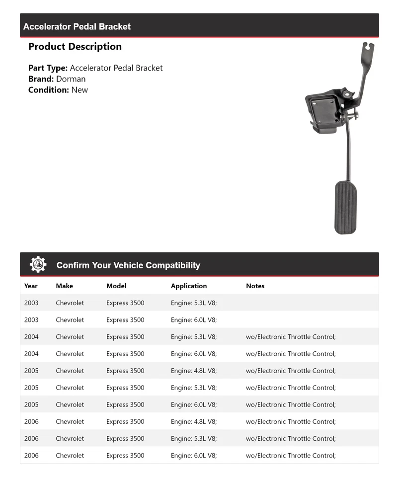 Soporte de pedal acelerador para Chevrolet Express 3500 Dorman 2003-2006 2004 2005 Foto 2 de 4