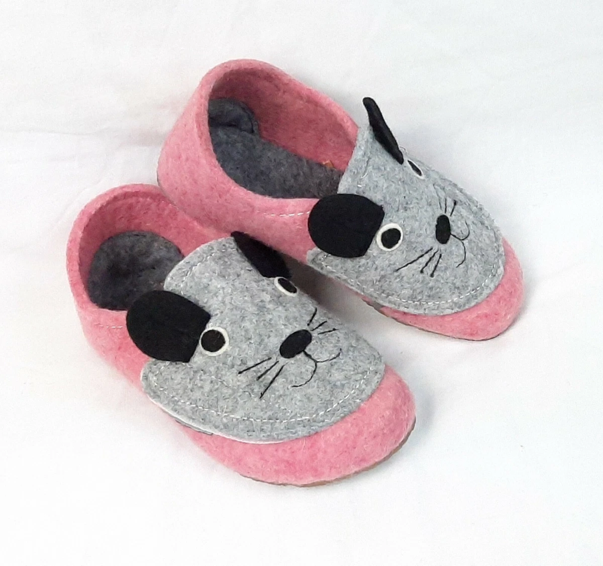 Kids Slippers Real Felt Pink Cat Girls Children Real Merino Wool