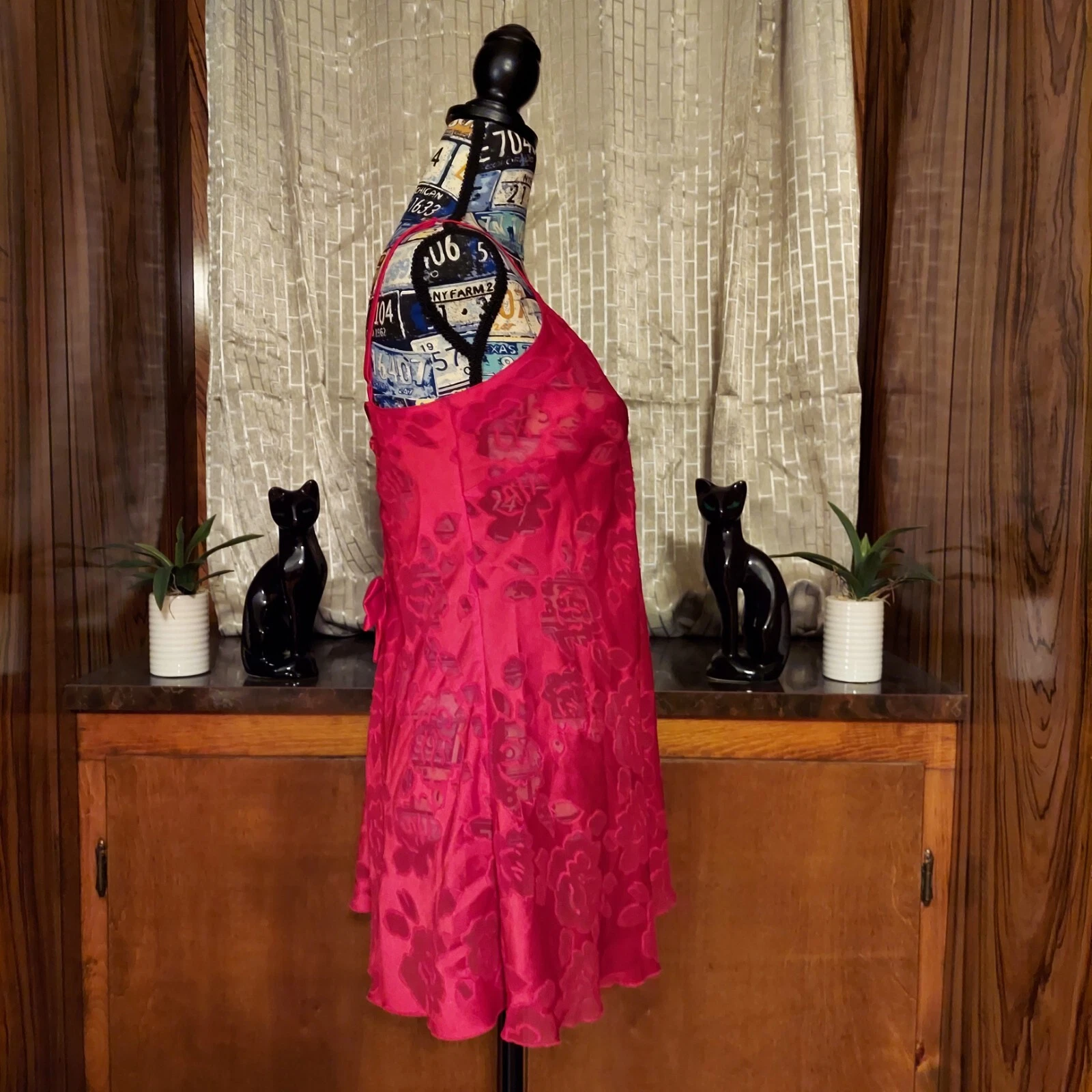 VALENTINO Abito slip vintage Victoria's Secret G Label rosso floreale con cinturini fiocco posteriore taglia S