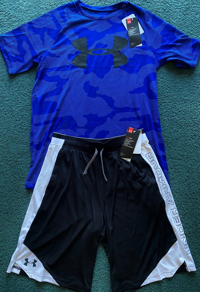 NWT Under Armour XL Boys Royal Blue Print Black White Heat Gear Shorts Set YXL