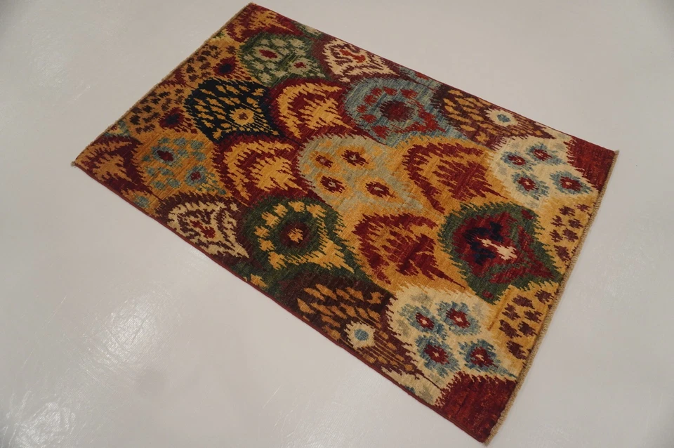 3 x 4 ft Red Multicolor Ikat Afghan Hand Knotted Area Rug - Image 3 of 4