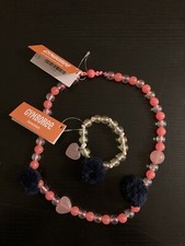 New Gymboree Neon Pink Bead Black Pom Pom Heart Necklace  Braclet One Size