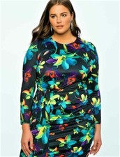 ELOQUII BLACK FLORAL DRESS RUCHED SKIRT OVERLAY Stretchy BODYCON Plus Size Sexy