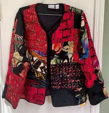 Chico's 100 Silk MIXED MEDIA Jacket Open Cardigan Size 2 US L Boho Wearable Art