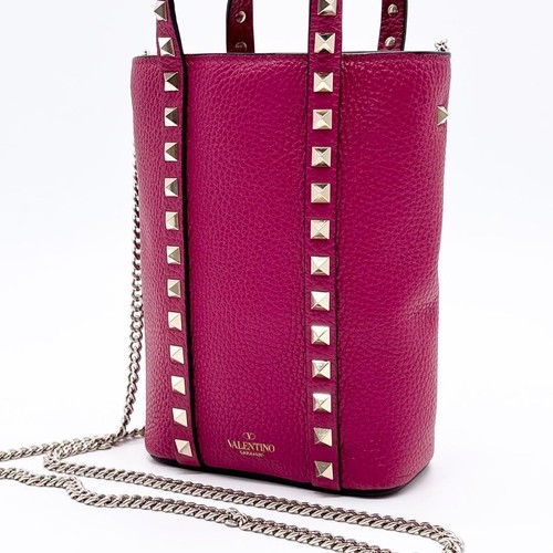 VALENTINO GARAVANI Women Rockstud 2way Shoulder Hand Bag Leather Pink Gold Chain