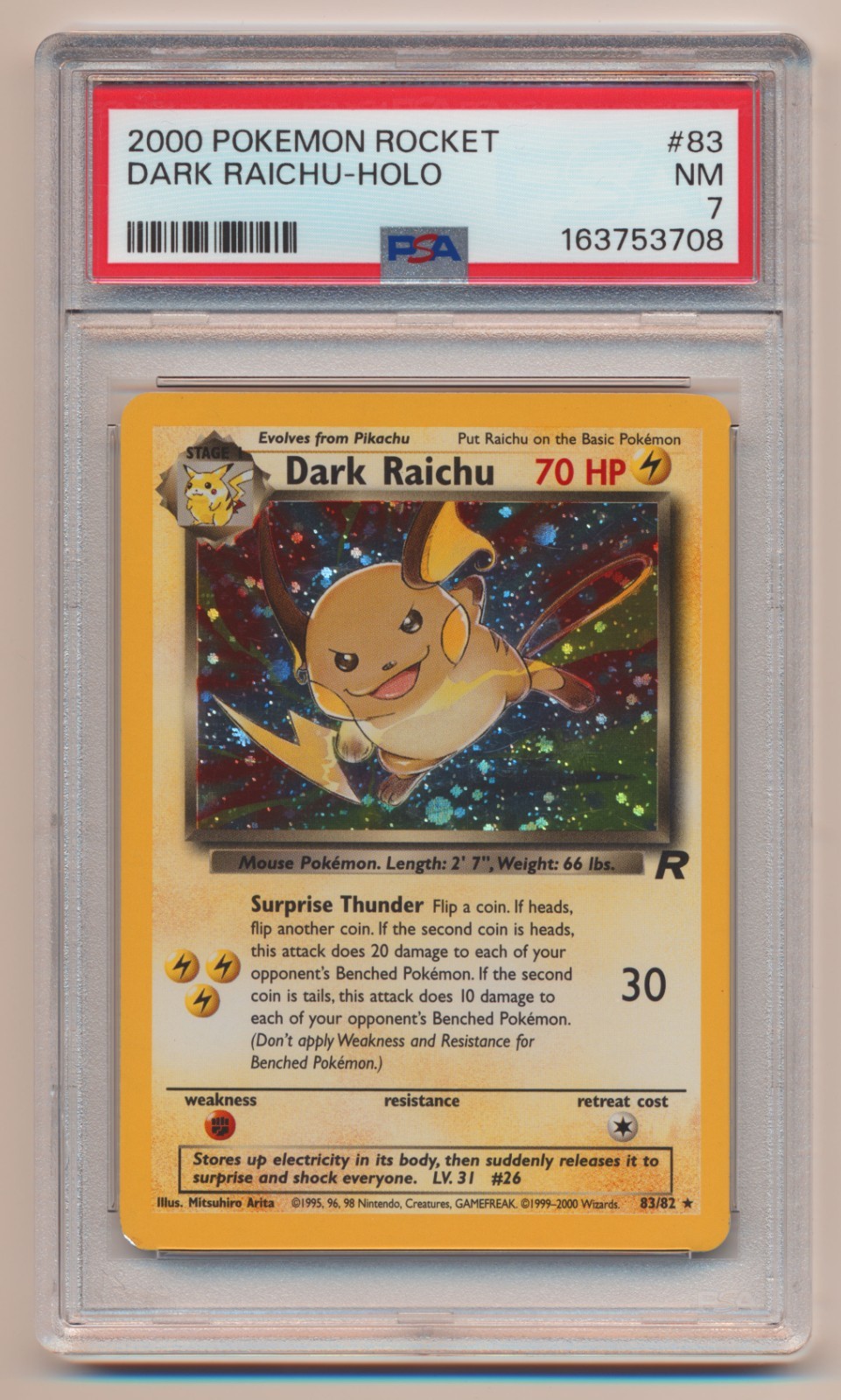 PSA 7 Pokemon Team Rocket Unlimited Holo Rare Dark Raichu 83/82 NEAR MINT!