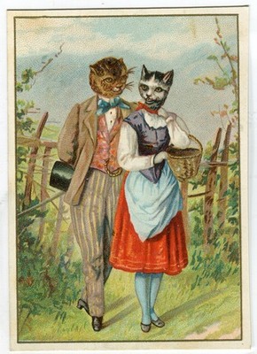 Glanzbilder Oblaten scraps Litho  Landschaft Katzenpaar vermenschlicht 10 cm