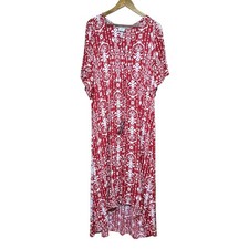 Knox Rose Boho Midi Dress L Red Drawstring High Low iKat Print V Neck Beachy