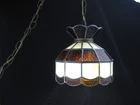 Small Vintage Slag Glass Tiffany Style Hanging Swag Lamp Amber & Ivory w/ Chain