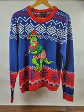 Christmas T-REX DINOSAUR UGLY SWEATER blue red funny christmas MENS Large