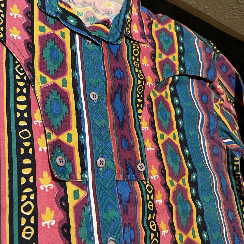 Vintage Wah Shirt Mens Large Cowboy Rodeo Western Aztec Stripe Brushpopper 90s - Image 3 of 4
