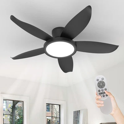 ARLGSITE 42" Low Profile Black Ceiling Fans with LED Light Flush Mount Remote APP Control