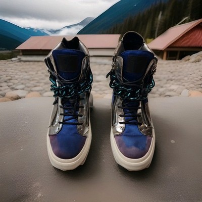 Giuseppe Zanotti High Top Sneakers Chain Zip Blue Silver Italy Sz45 US 12 Luxury