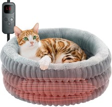 Heated Cat Bed Indoor, 20" Round Donut Deep Sleep Calming Heated Pet Beds for Ca