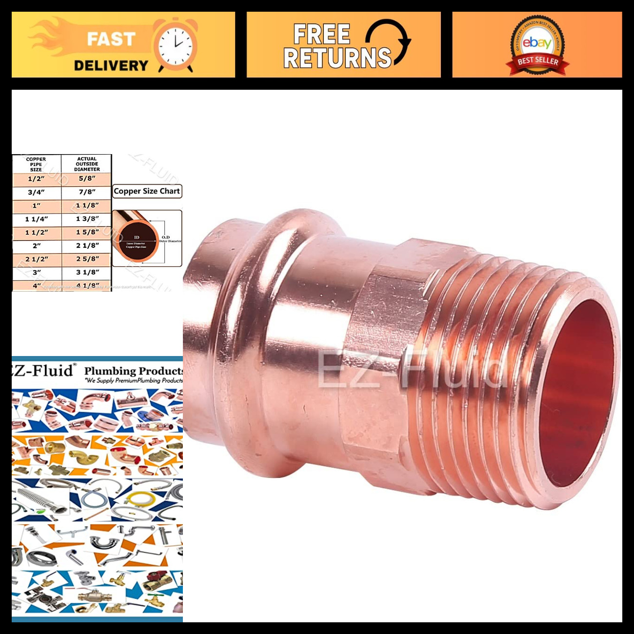 1-1/4" MIP x Press Copper Male Adapter Fitting - LF Pressure Connection for Plum