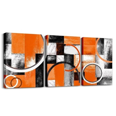 Orange and Black Canvas Wall Art - Geometric Circle and Rectangle Square Bath...