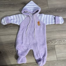 Vintage Winnie The Pooh Newborn Purple Striped Hooded Footie Fleece One Piece