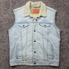 Levi's Trucker Vest Mens Large Blue Sherpa Lined Light Wash Cutoff Rockabilly