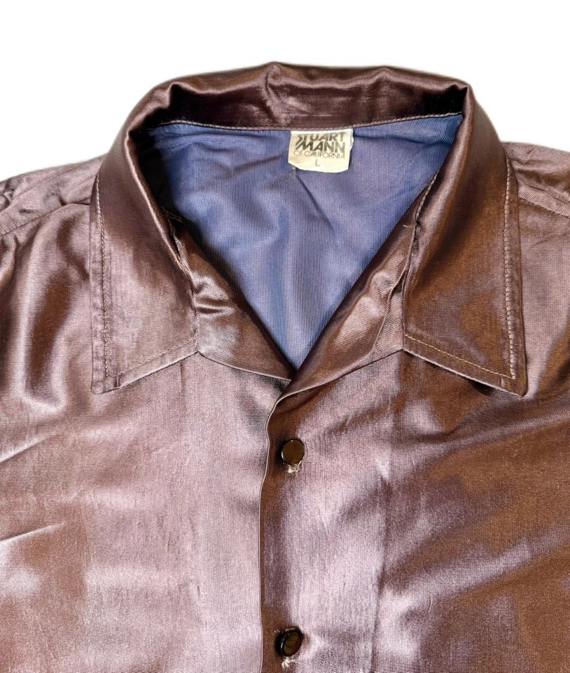 Camisa discoteca vintage Stuart Mann California satinada marrón L manga larga años 70 Foto 3 de 4