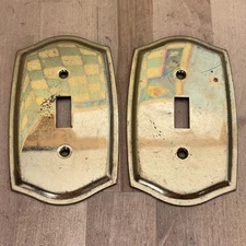 Pair Vintage Brass Light Switch Plate Covers, Unmarked, 5"x3"