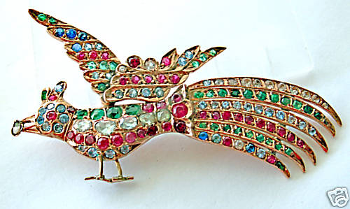 HUGE ANTIQUE DIAMONDS & MULTICOLOR GEMS PEACOCK BROOCH